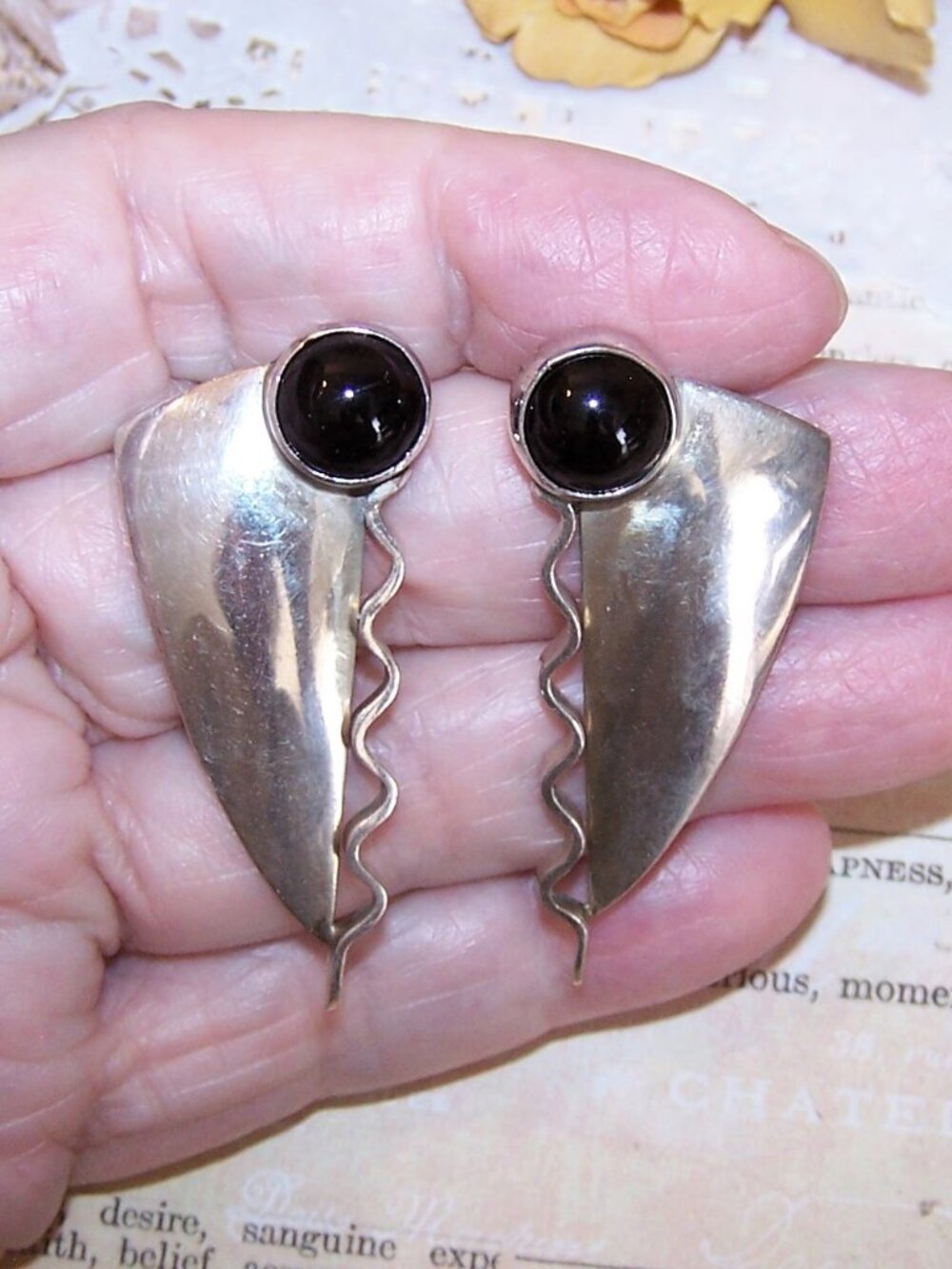 Signed HARRIMAN Sterlig Silver Onyx Pierced Earrings - Modernist Dangles